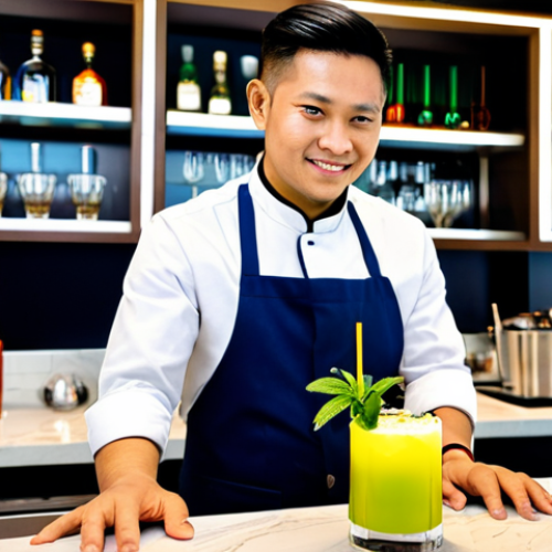 Home 4 A professional Malaysian mixologist, fully clothed in a modest bar uniform, skillfully preparing an intricate mocktail. The mocktail features vibrant colors from natural fruit extracts and is garnished with fresh local ingredients like a delicate pandan leaf and a small bunga kantan flower. The scene is set at a modern, well-lit exhibition booth with sleek bar equipment. The mixologist is captured in a natural pose, demonstrating their craft. Perfect anatomy, correct proportions, well-formed hands, proper finger count, natural body proportions, professional photography, high quality, safe for work, appropriate content, appropriate attire, professional, family-friendly.