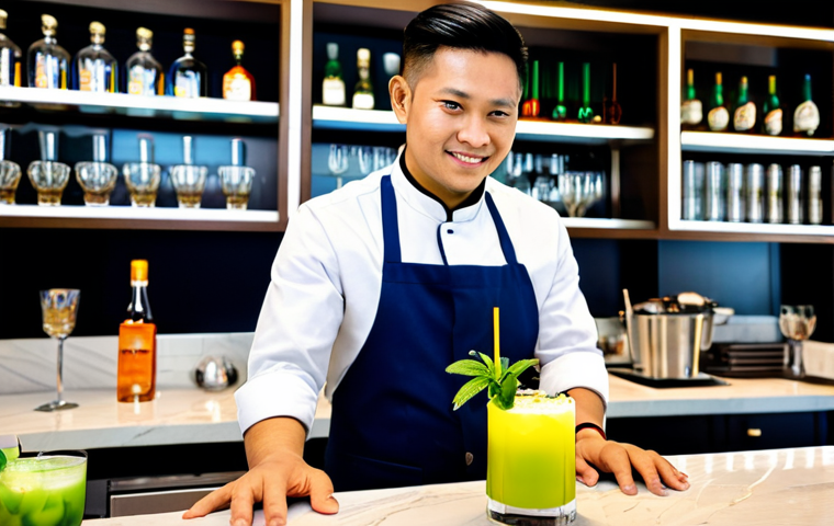 A professional Malaysian mixologist, fully clothed in a modest bar uniform, skillfully preparing an intricate mocktail. The mocktail features vibrant colors from natural fruit extracts and is garnished with fresh local ingredients like a delicate pandan leaf and a small bunga kantan flower. The scene is set at a modern, well-lit exhibition booth with sleek bar equipment. The mixologist is captured in a natural pose, demonstrating their craft. Perfect anatomy, correct proportions, well-formed hands, proper finger count, natural body proportions, professional photography, high quality, safe for work, appropriate content, appropriate attire, professional, family-friendly.